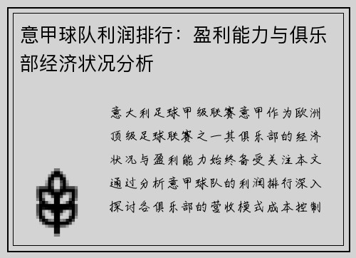 意甲球队利润排行：盈利能力与俱乐部经济状况分析