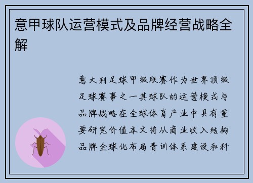 意甲球队运营模式及品牌经营战略全解