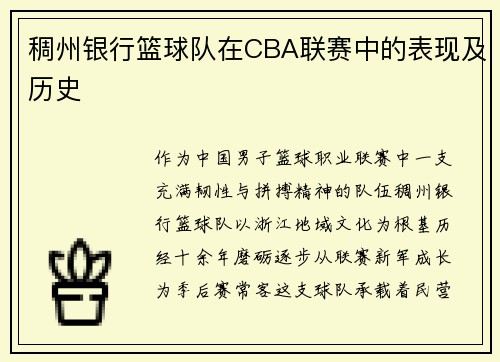 稠州银行篮球队在CBA联赛中的表现及历史