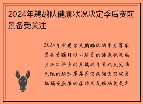 2024年鹈鹕队健康状况决定季后赛前景备受关注